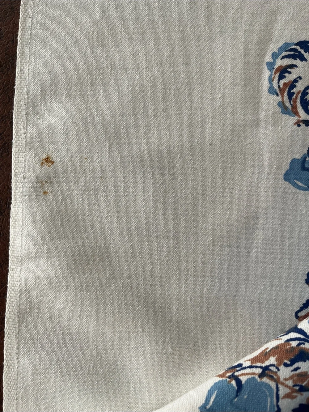Vintage Blue and Cream Floral Border Tablecloth, approx 59”x79”